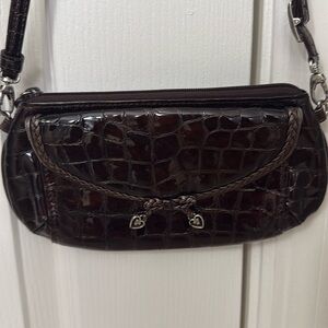 Brighton Croc Embossed Patent Leather Brown Cross Body Bag Converts To Clutch